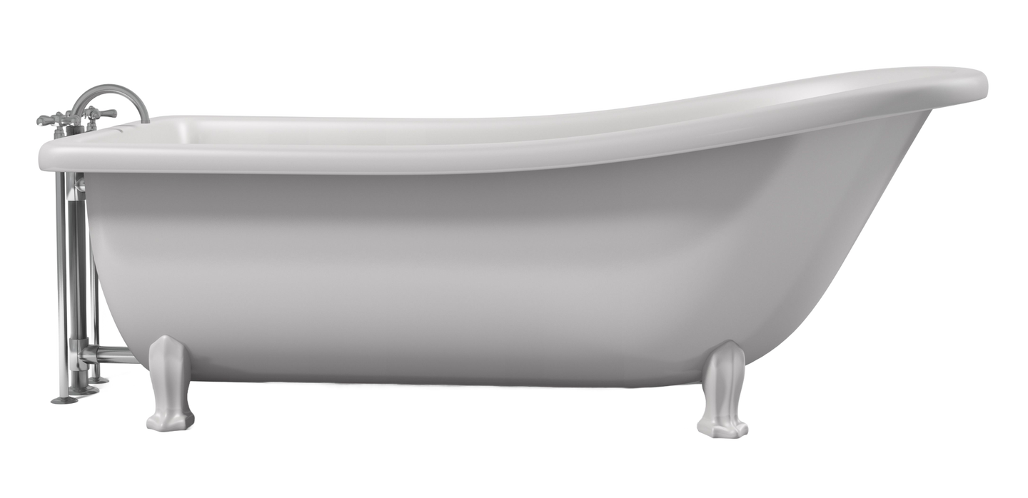 a white bathtub with claw feet and a chrome faucet
