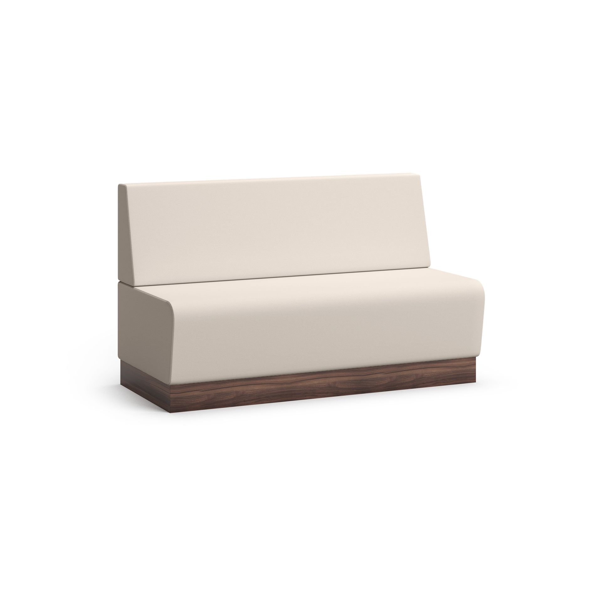 Cream-colored booth-style sofa with wooden base.