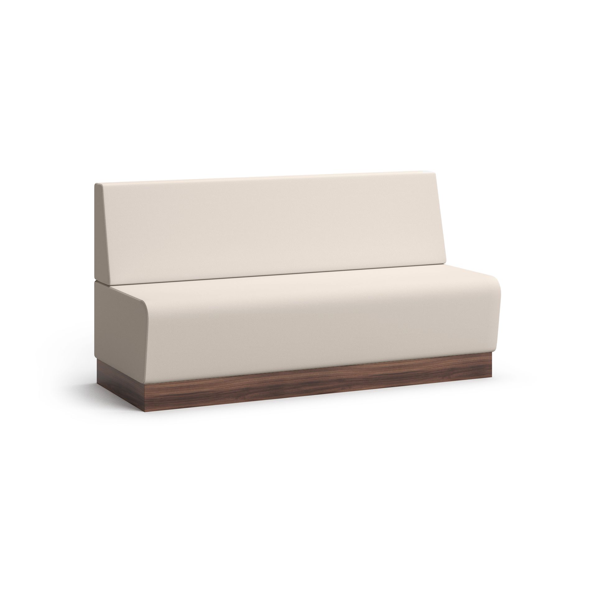 Cream-colored booth-style sofa with wooden base.