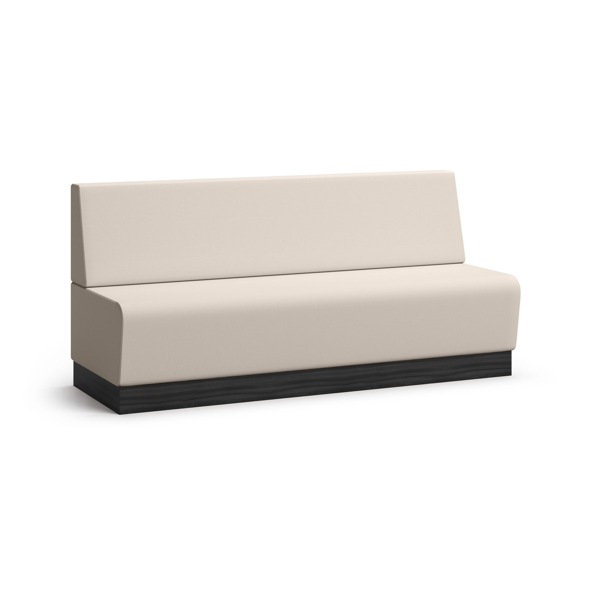 Beige upholstered booth seating with a dark wood base.