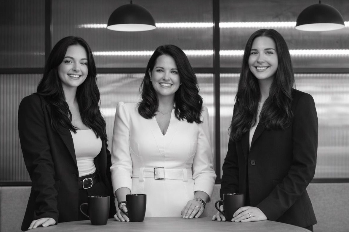 Three people standing behind a table with coffee mugs, smiling in a modern office setting. - ev law in Bundall, QLD