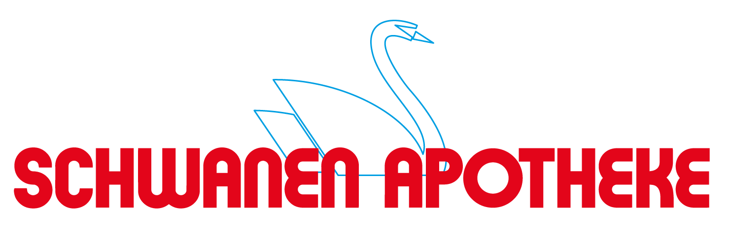 blauer stilisierter Schwan mit Roter Schrift mit dem Namen der Apotheke: Schwanene Apotheke