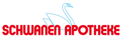 blauer stilisierter Schwan mit Roter Schrift mit dem Namen der Apotheke: Schwanene Apotheke