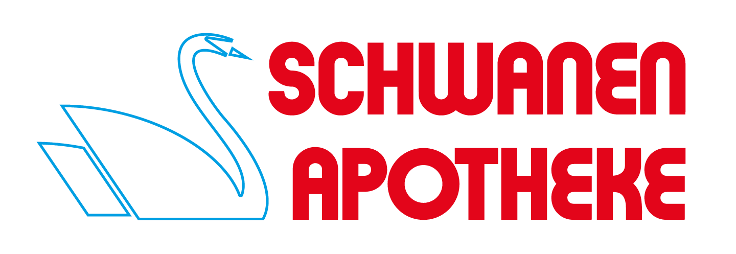 blauer stilisierter Schwan mit Roter Schrift mit dem Namen der Apotheke: Schwanene Apotheke