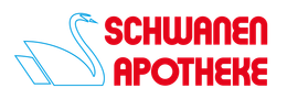 blauer stilisierter Schwan mit Roter Schrift mit dem Namen der Apotheke: Schwanene Apotheke