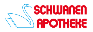 blauer stilisierter Schwan mit Roter Schrift mit dem Namen der Apotheke: Schwanene Apotheke