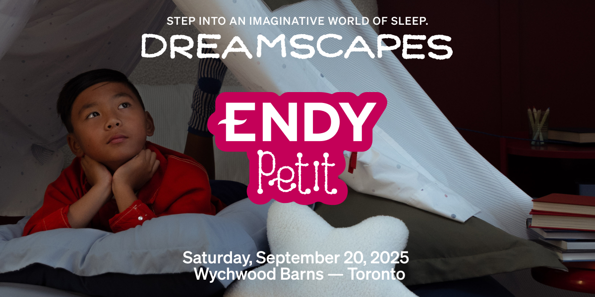Boy in red shirt looks up, Endy Petit event advertisement.