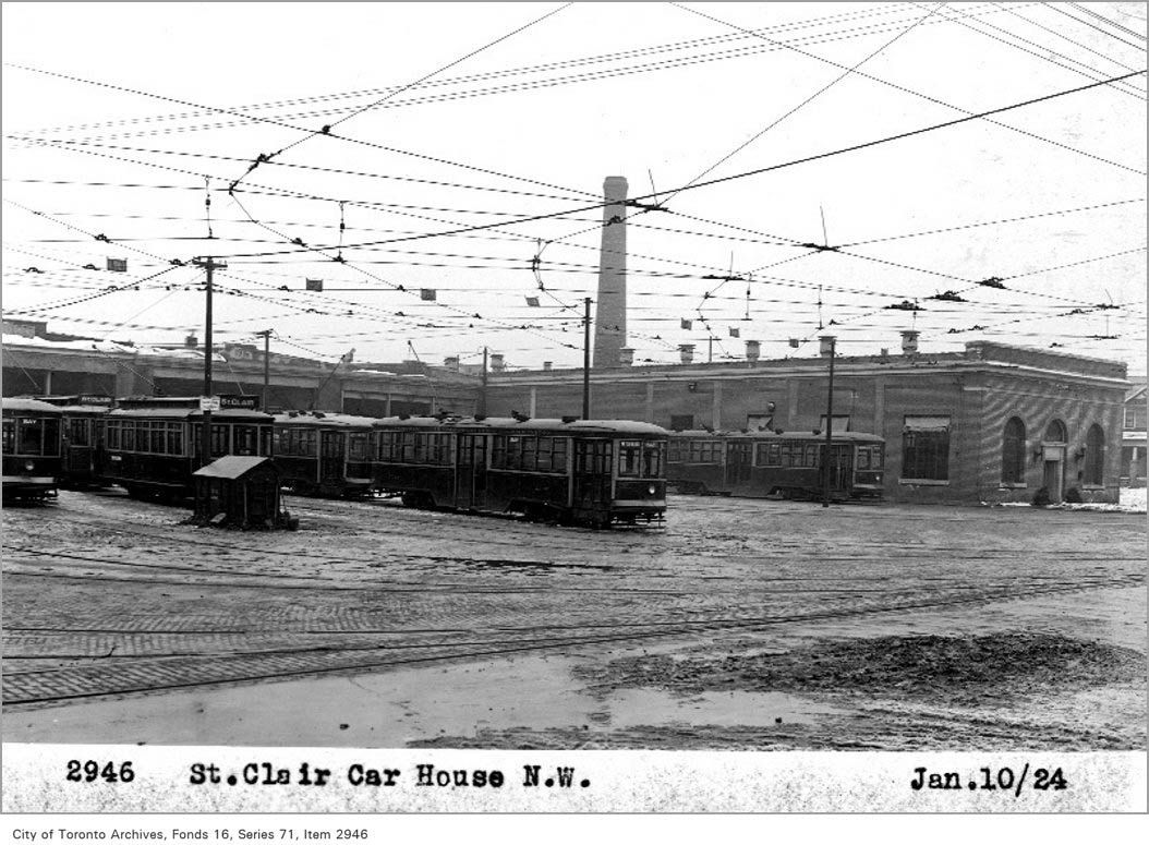 Wychwood Barns with trolley cars parked outside. January 10, 1906.