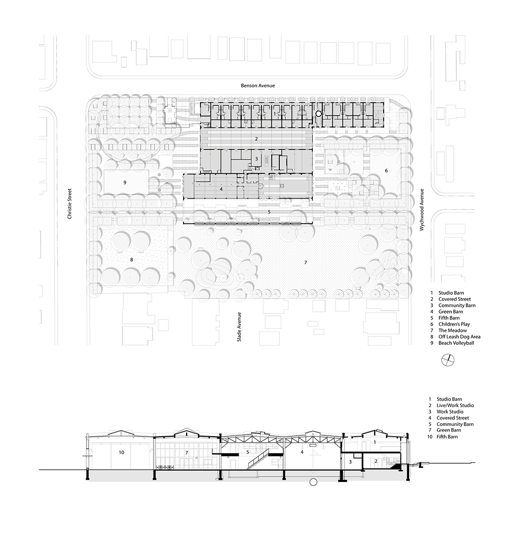 Architectural plan and section view of a building with a courtyard, trees, and streets.