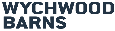 Wychwood Barns logo in dark blue block letters on a white background.