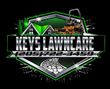 Logo for Keys Lawncare, showing a lawnmower, houses, and phone number, with green and silver accents.