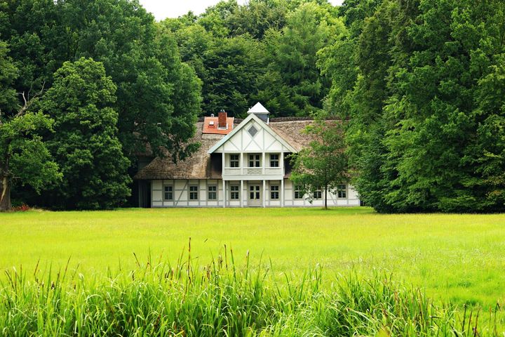 White house with a thatched roof, surrounded by green trees and a grassy field.