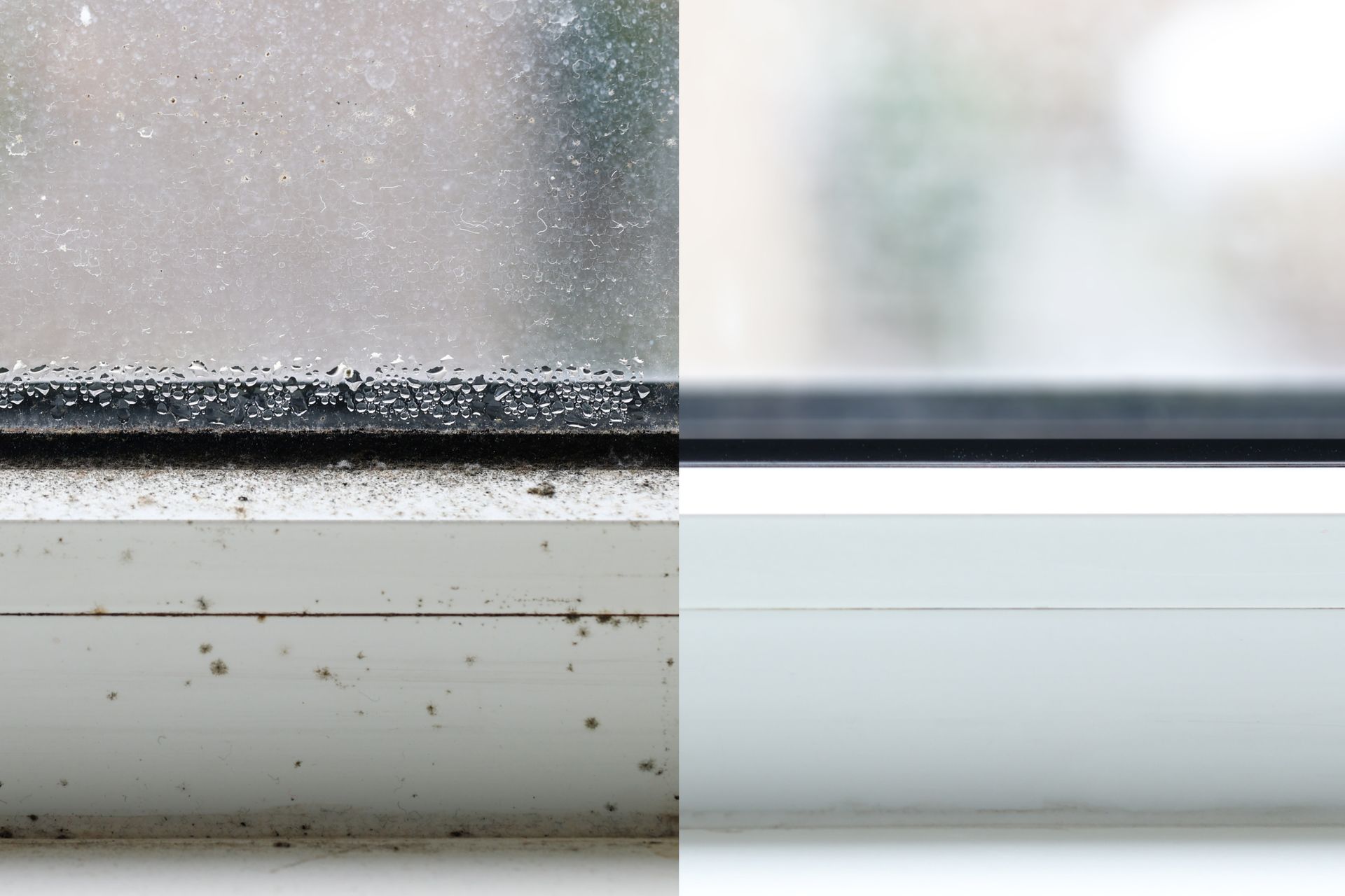 Comparison of a moldy window sill (left) covered with condensation to a clean window sill (right).