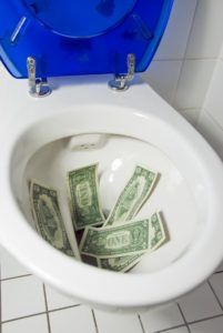 Money in Toilet — Lisle, IL – Jim Dhamer Plumbing and Sewer, Inc.