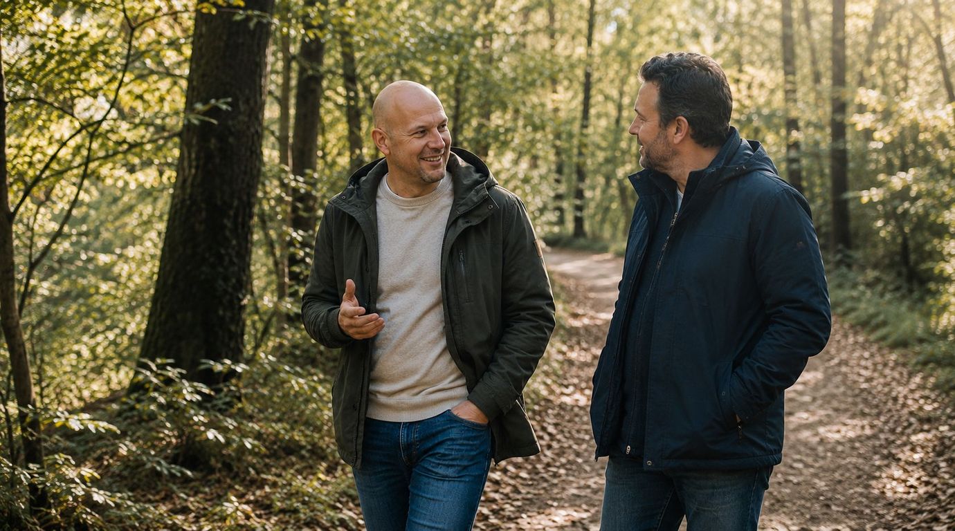 Kees Niehof van WerkEcht! in gesprek met een medewerker tijdens een wandelgesprek in het bos.
