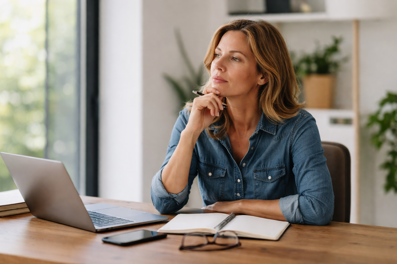 Vrouw denkt na over werk en loopbaankeuzes bij twijfel en gebrek aan energie op het werk
