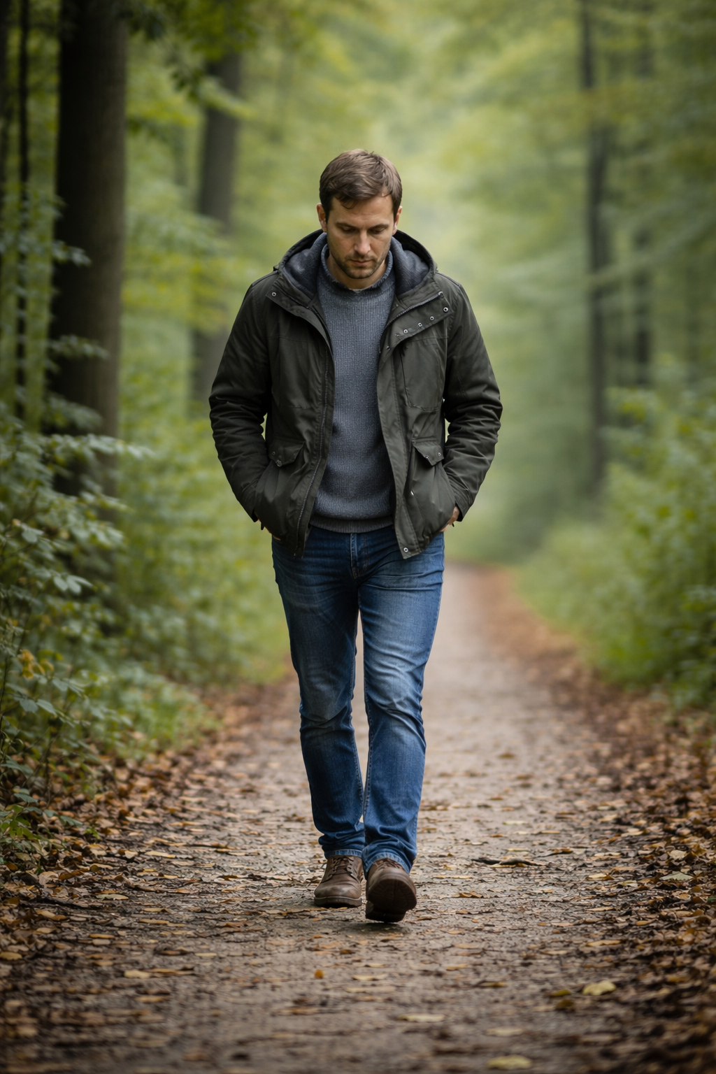 Man loopt alleen in het bos en ervaart werkstress en burn-out klachten