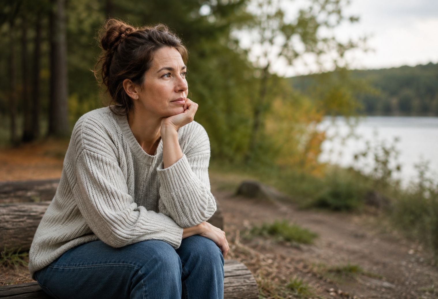 Vrouw denkt na over werkplezier, loopbaanontwikkeling en balans tijdens een wandeling in de natuur.