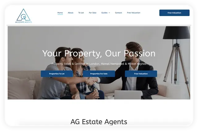 AG Estate Agents website homepage with logo, navigation, and people shaking hands.