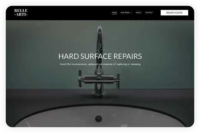 Website hero image: Chrome faucet centered against a gray background, text 