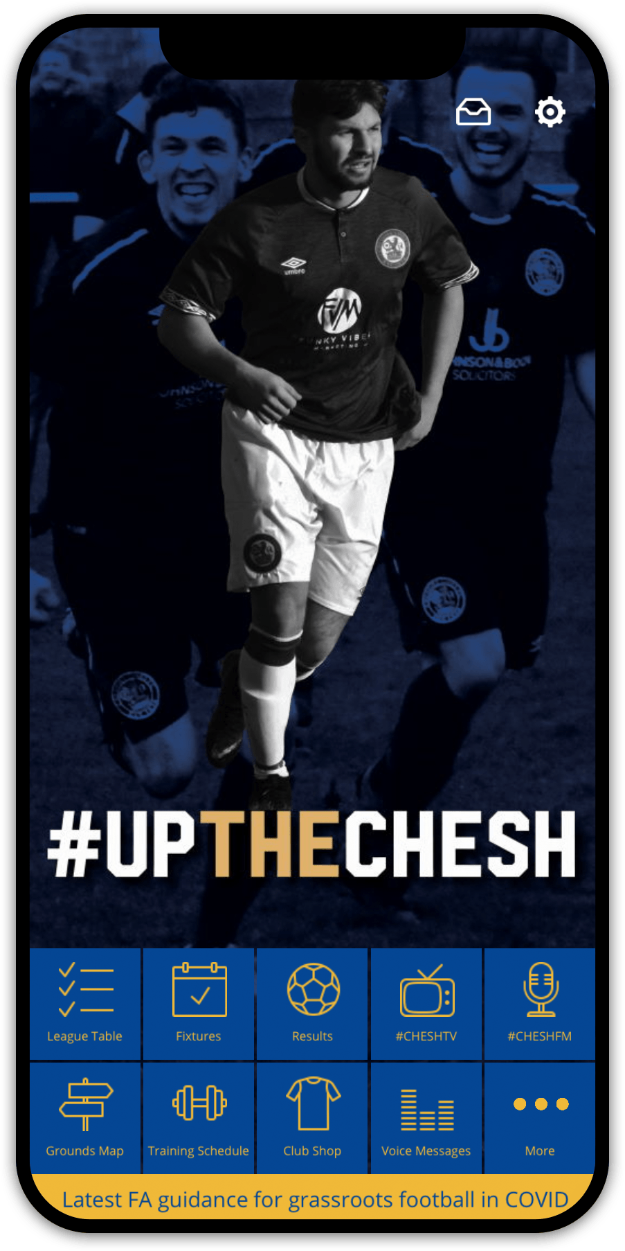 Soccer player on a phone app with a dark blue and gold color scheme. App shows social media, team info, and schedule.