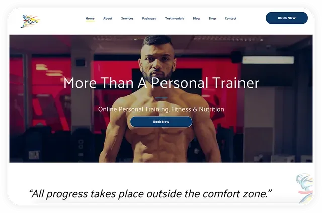 Website banner featuring a muscular man in a gym, with the text 