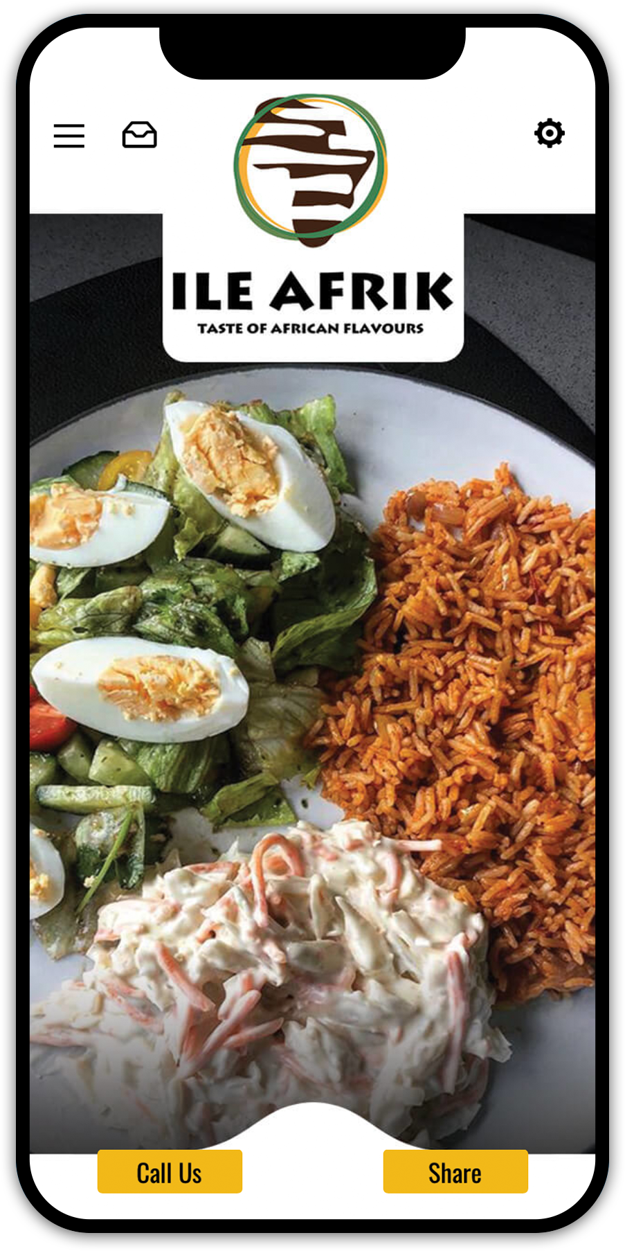 Mobile phone screen displaying a meal from Ile Afrik restaurant, including rice, salad, and coleslaw.
