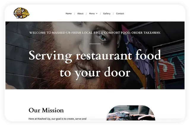 Website homepage with a food logo, a person's mural, and text that says, 