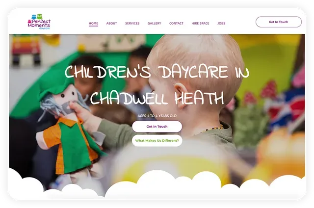Children's Daycare website, a child holding a doll, text 