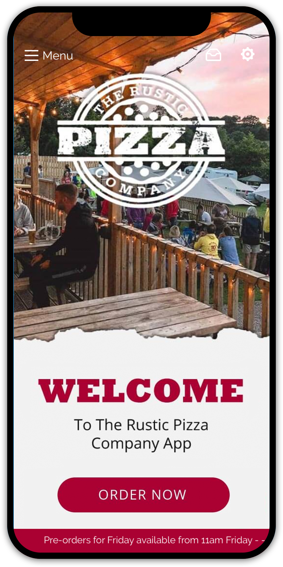 Mobile app screen for The Rustic Pizza Company with a 