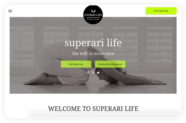 Website homepage with yoga pose, logo, and 
