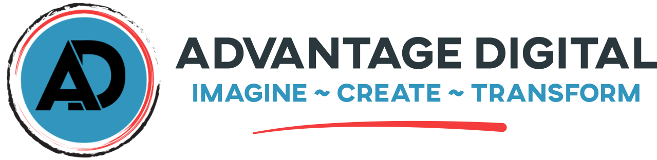 Logo of Advantage Digital, with a blue circle containing 
