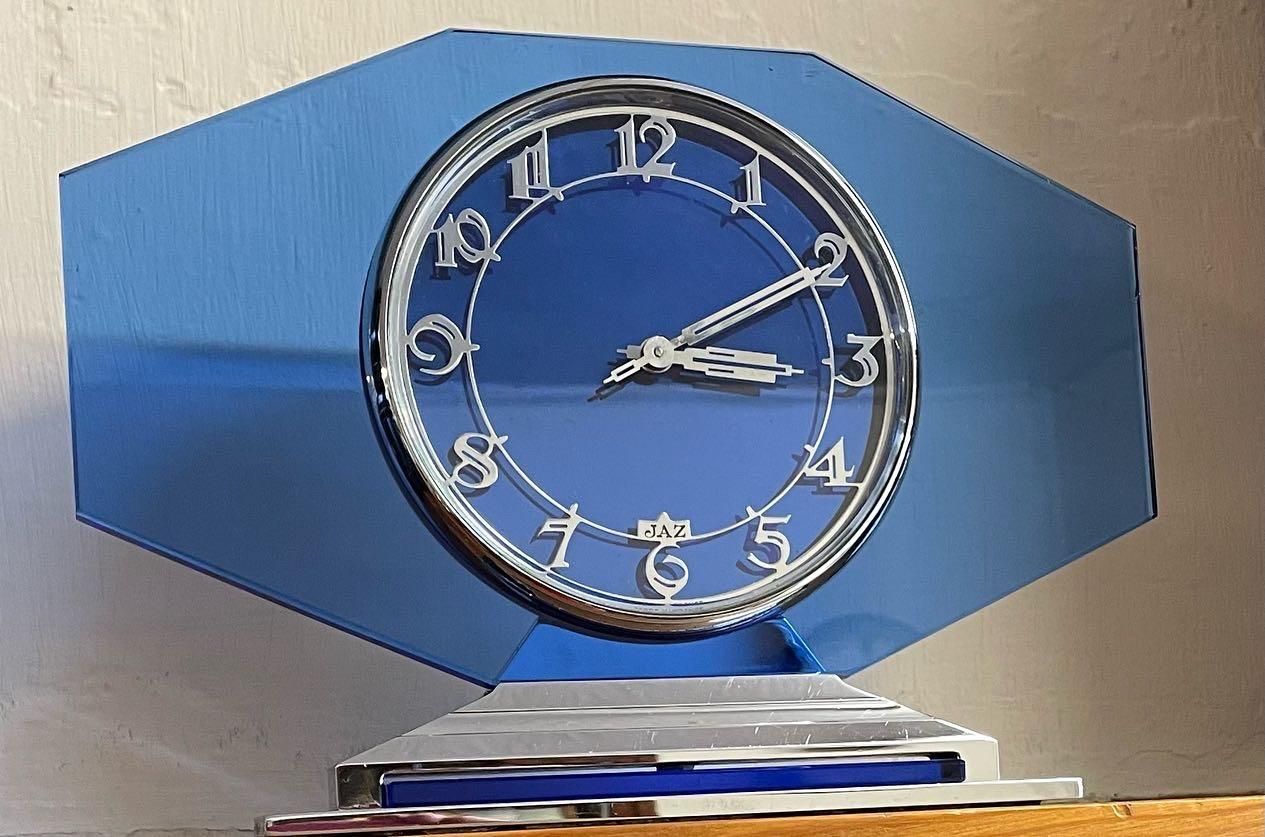 Blue Glass and Chrome Art Deco Clock