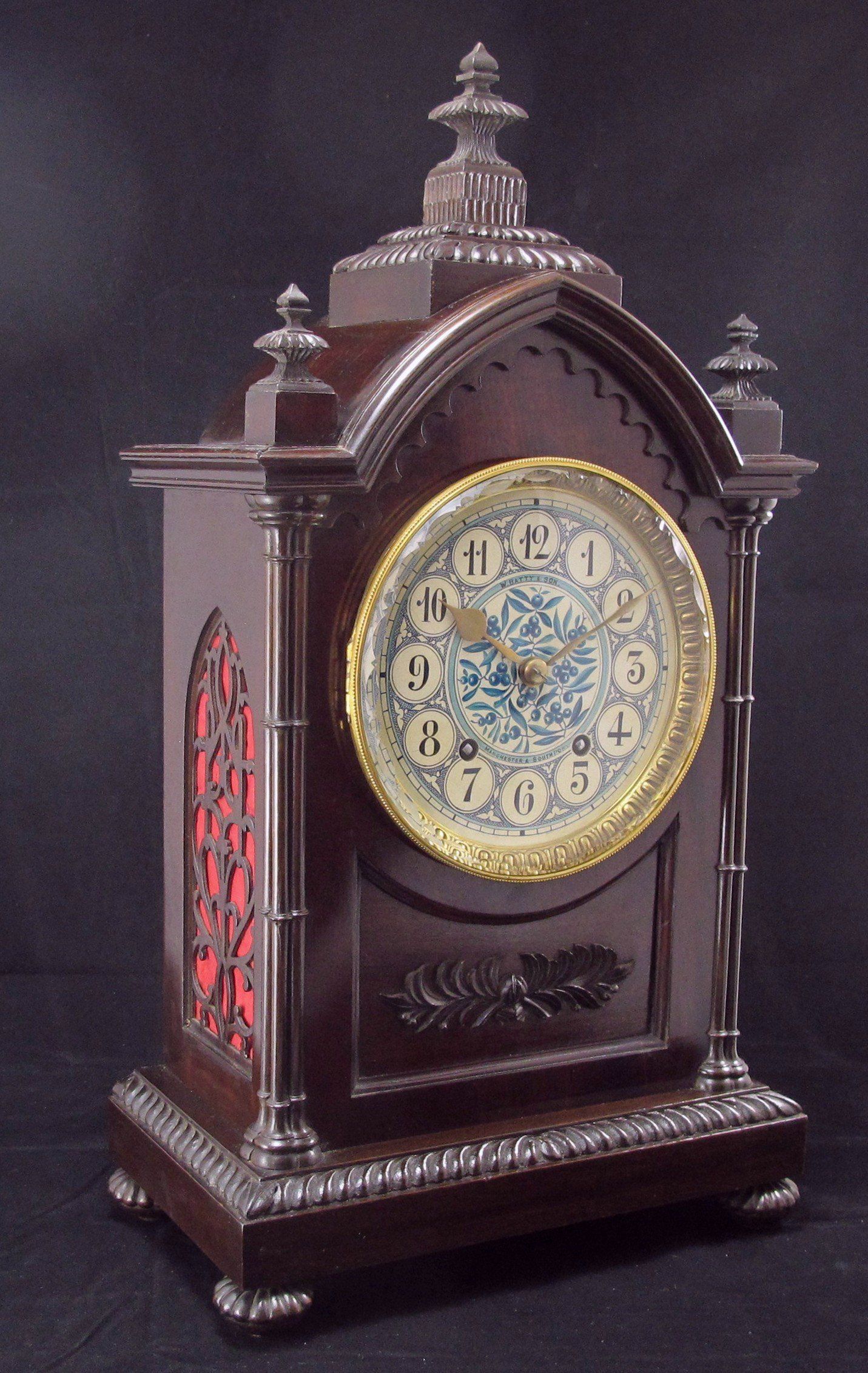 Large Gothic Mantel Clock with Blue and White Dial