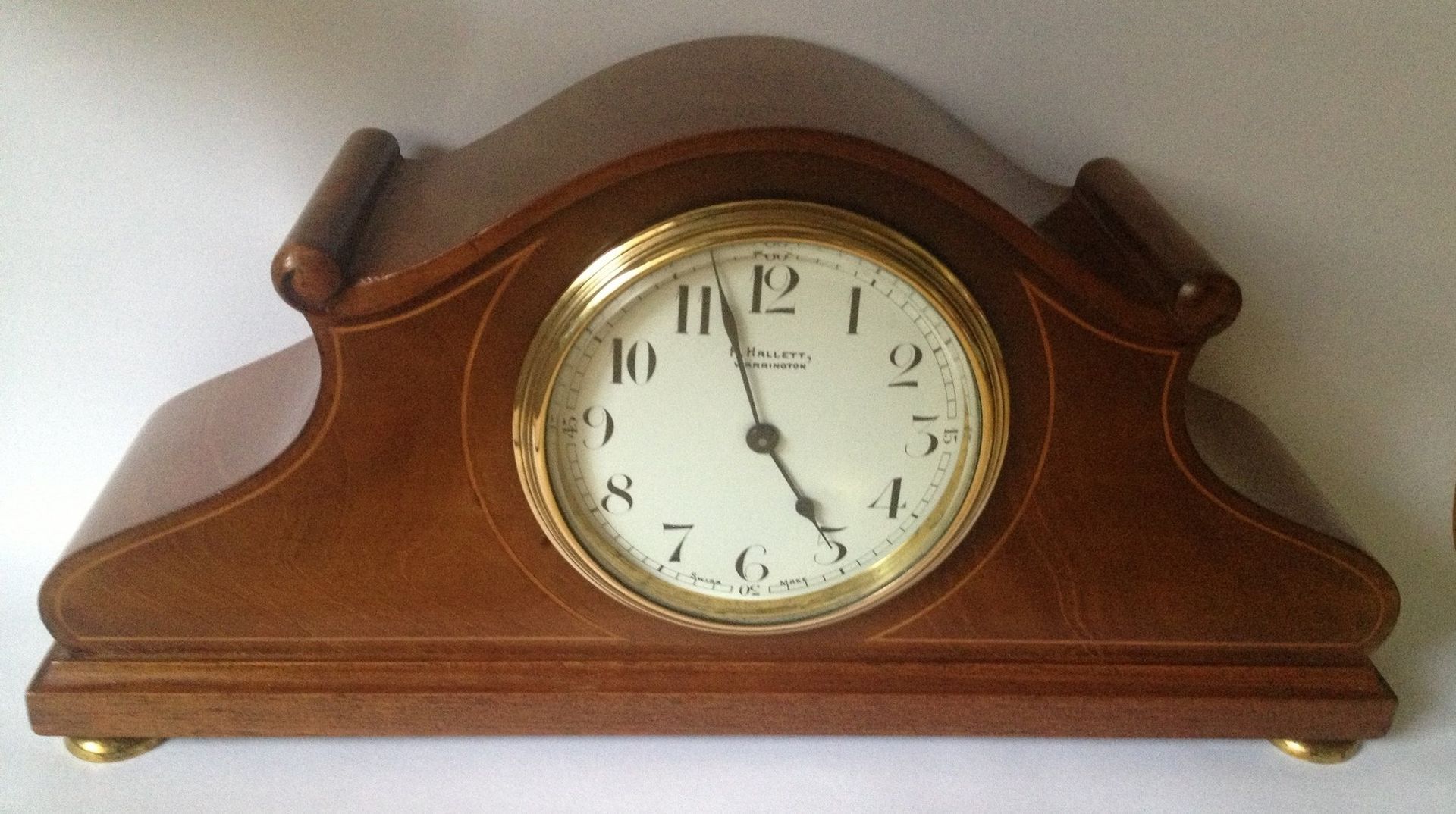 Mahogany Inlaid Mantel Clock by Hallett, Warrington.