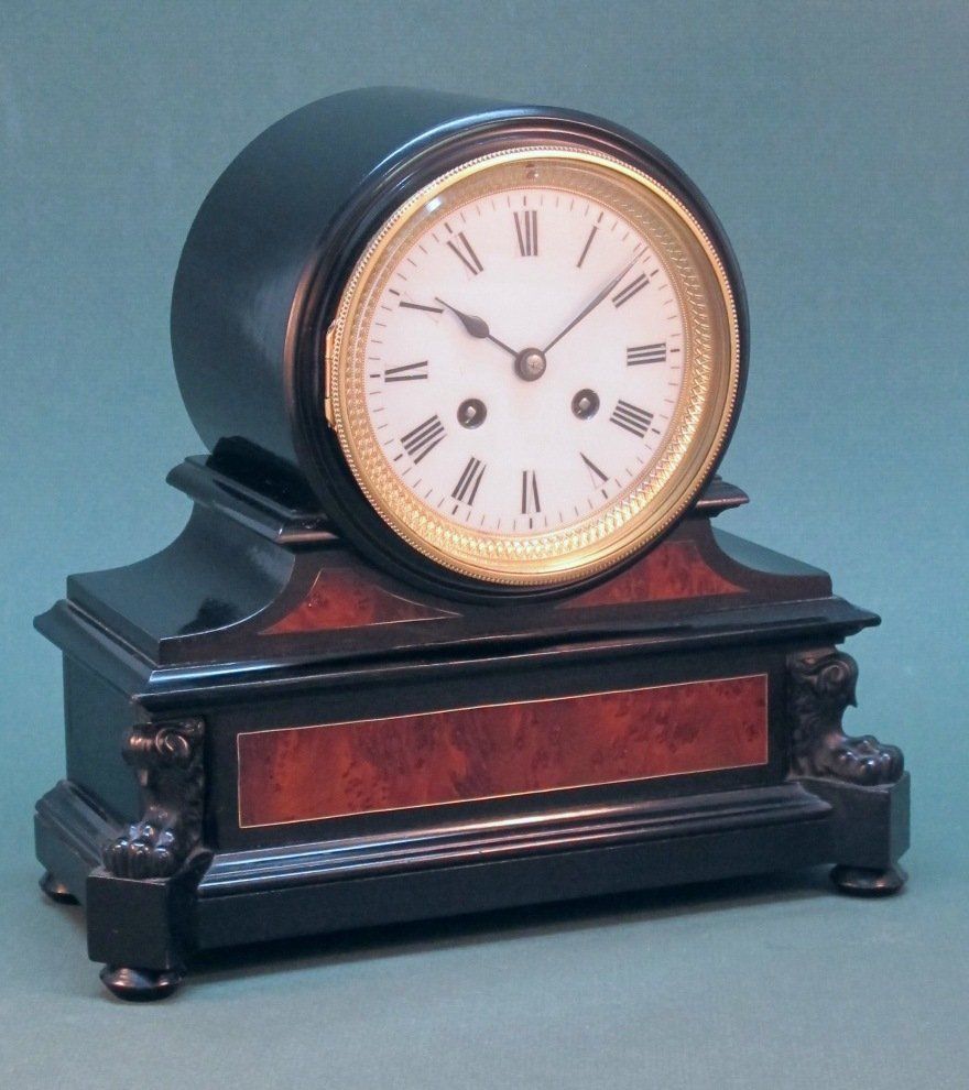Ebonised Drumhead Mantel Clock with Amboyna Panels