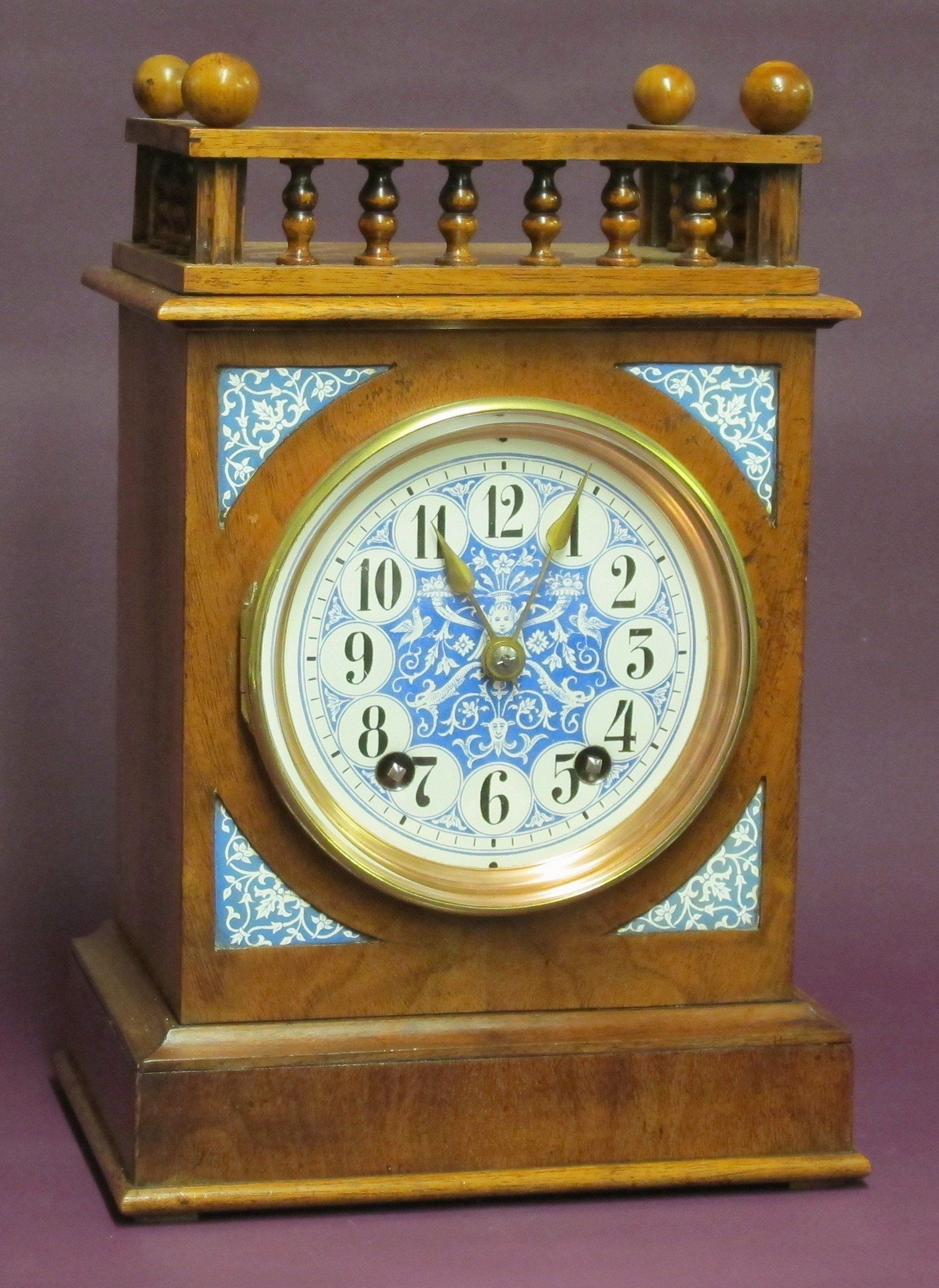 W&H Blue and White Dial Galleried Mantel Clock.