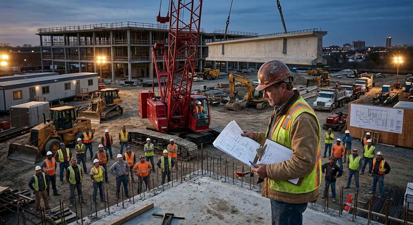 Construction crew gathered at dusk; foreman in hard hat reads plans at a busy building site.