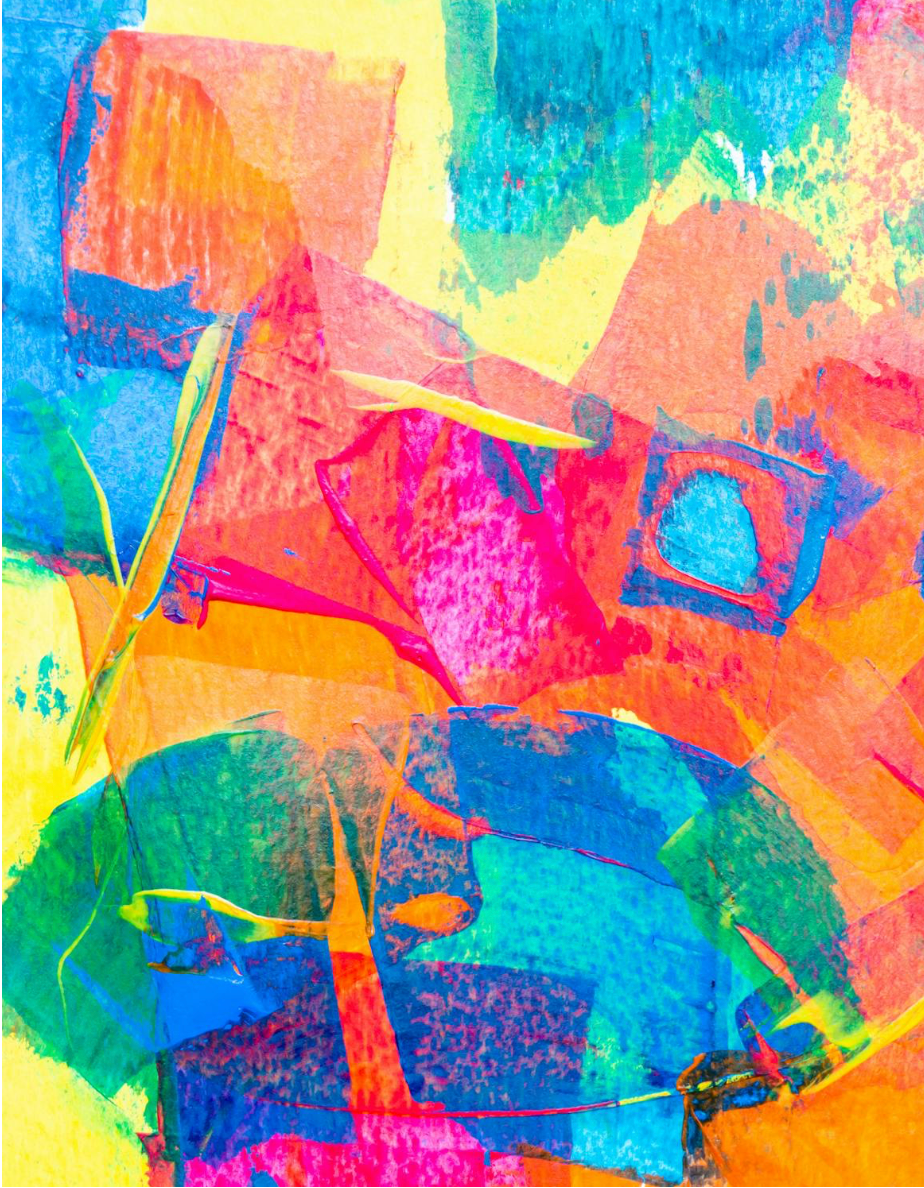 Abstract art with vibrant colors including orange, blue, pink, and yellow, arranged in overlapping shapes.