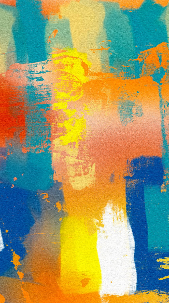Abstract painting with bright splashes of orange, yellow, blue, and teal.