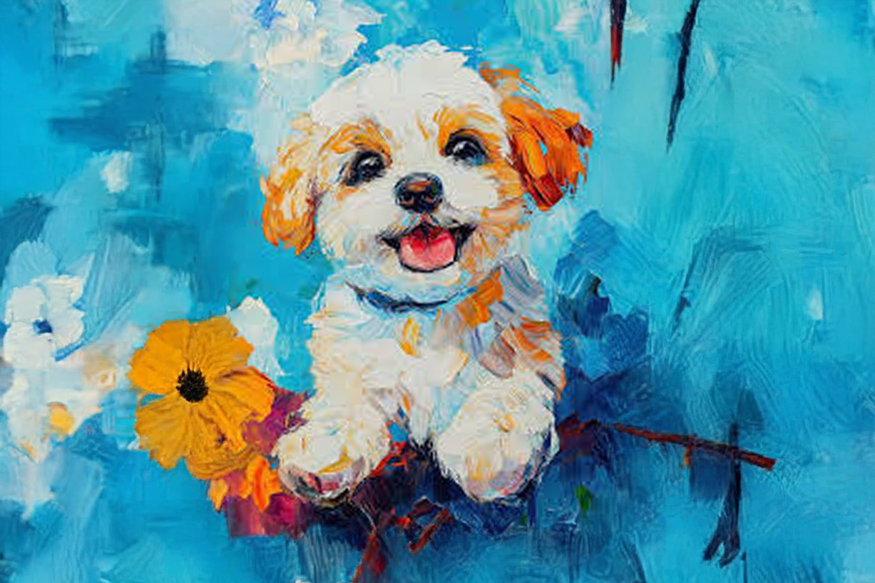 Happy puppy with white fur and orange ears smiles amidst blue flowers and branches.