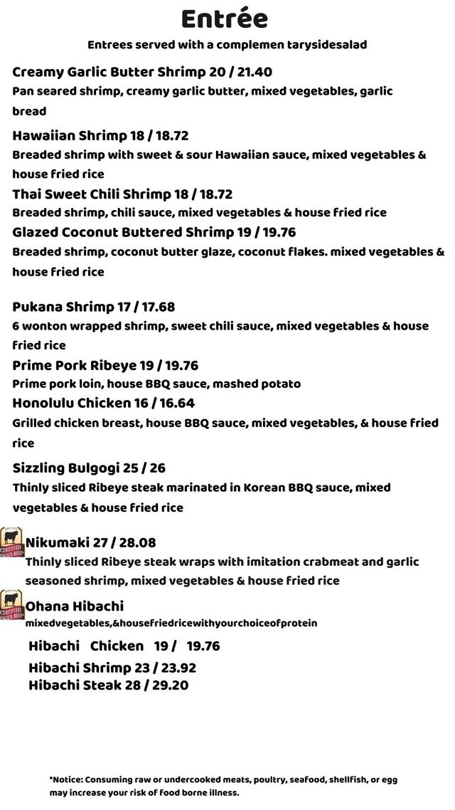 Menu | Ohana Hawaiian Grill & Bar | Jasper, IN and French Lick, IN