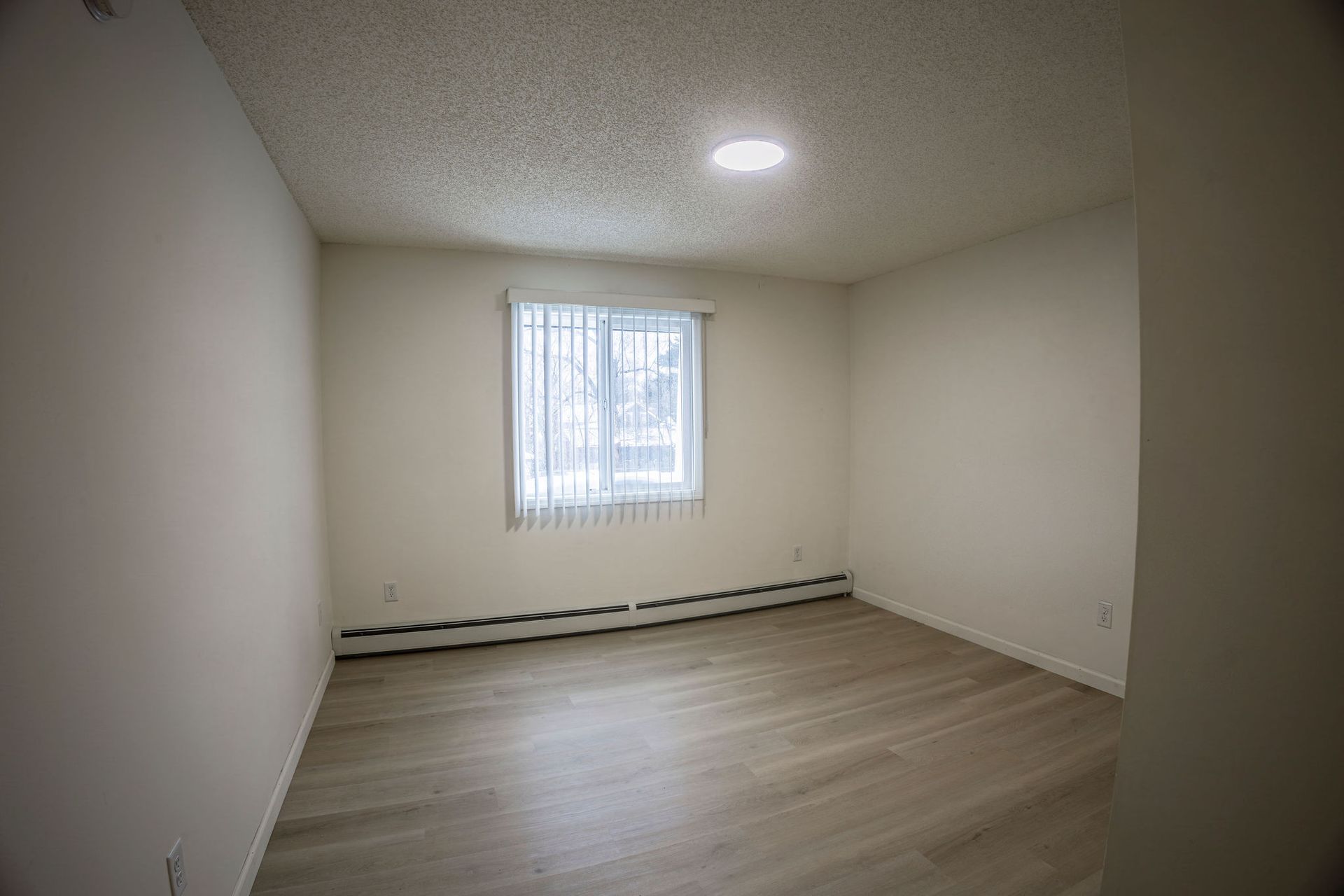 Empty beige room with wood-look floor, small window, and ceiling light