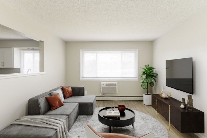 Bright living room with gray sectional, round coffee table, TV, window air conditioner, and potted plant.