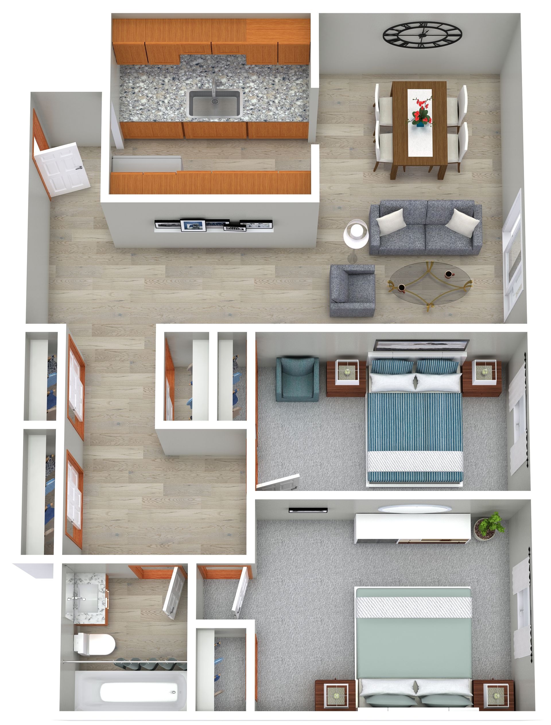 Top-down 3D floor plan of a small apartment with kitchen, living room, bedroom, bath, and hallways.