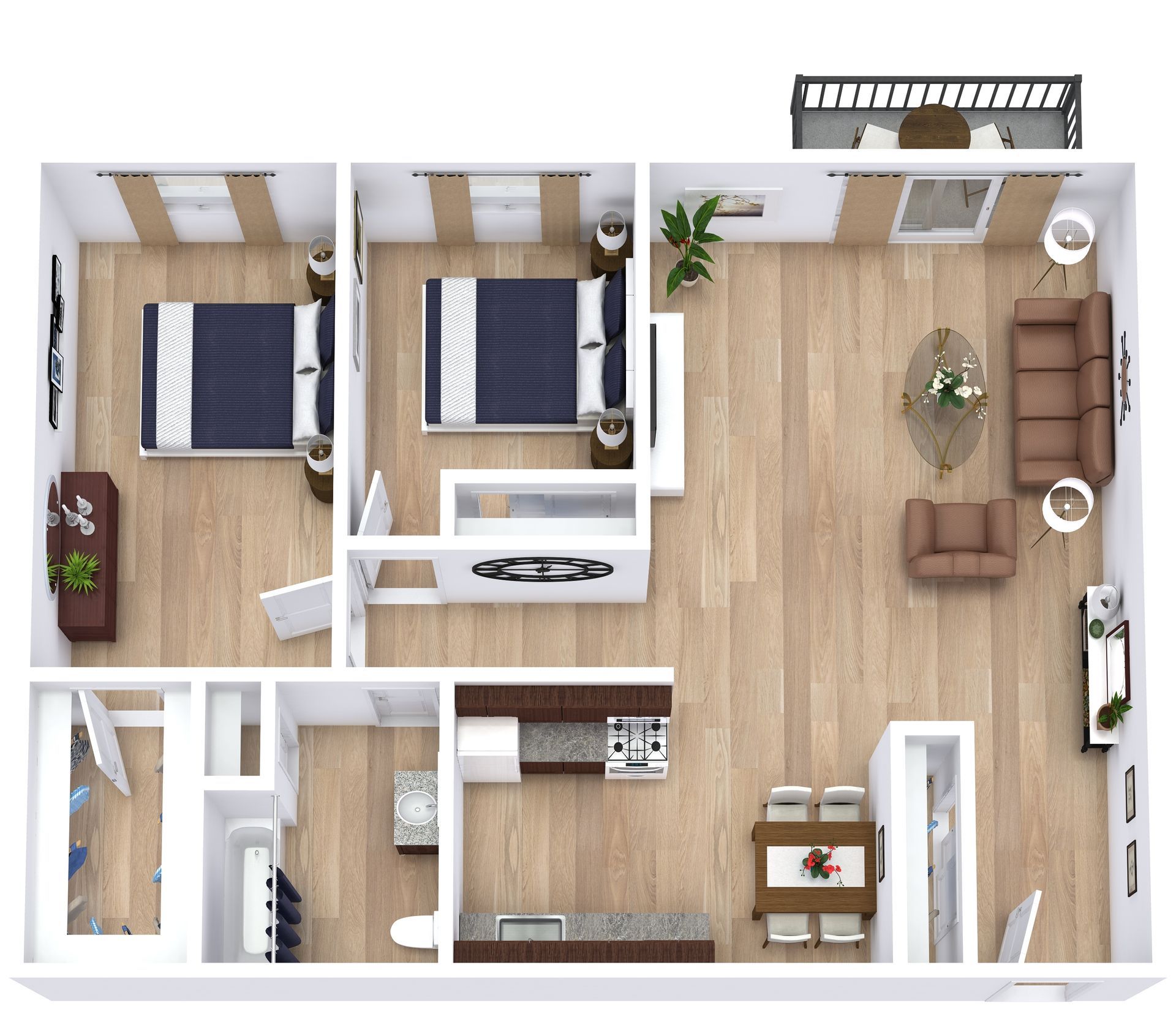 Top-down view of a furnished apartment with two bedrooms, living room, kitchen, and bathroom.