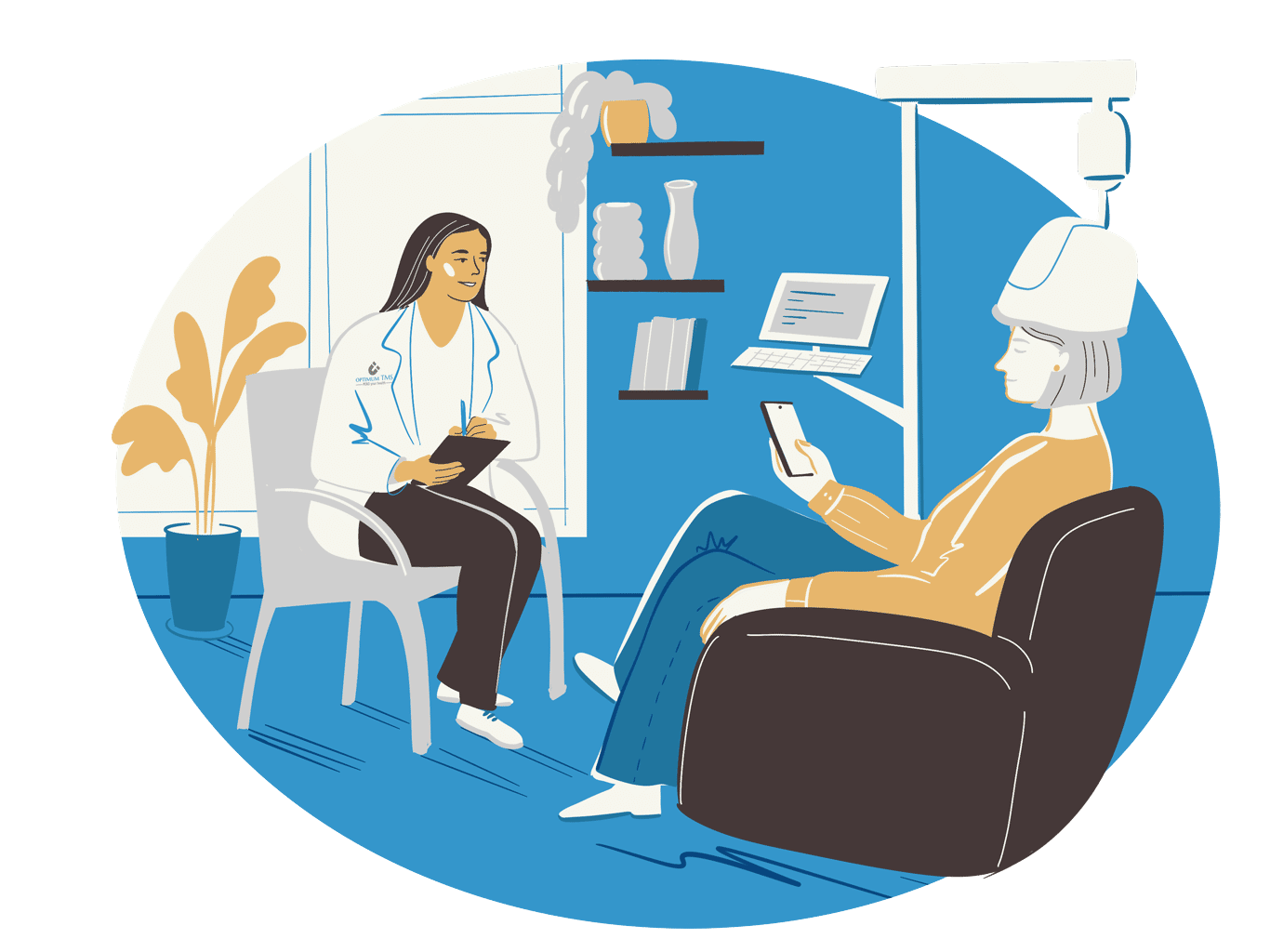 A doctor is talking to a patient who is sitting in a chair.