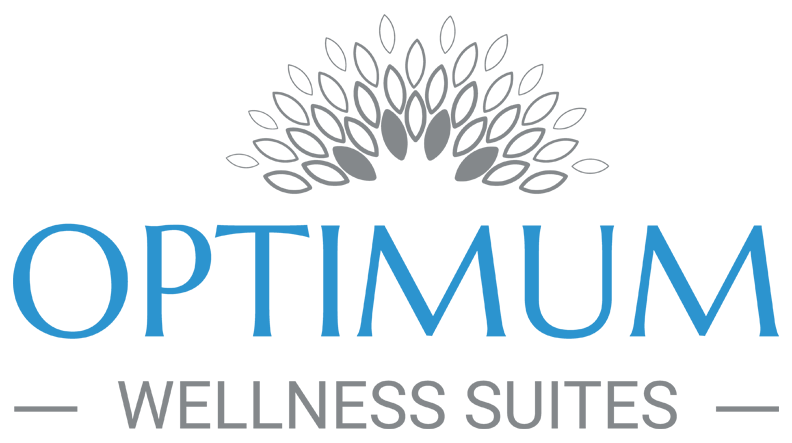 The logo for optimum wellness suites has a peacock on it.