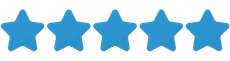 Five blue stars are lined up in a row on a white background.