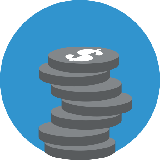 A stack of coins with a dollar sign on them in a blue circle.